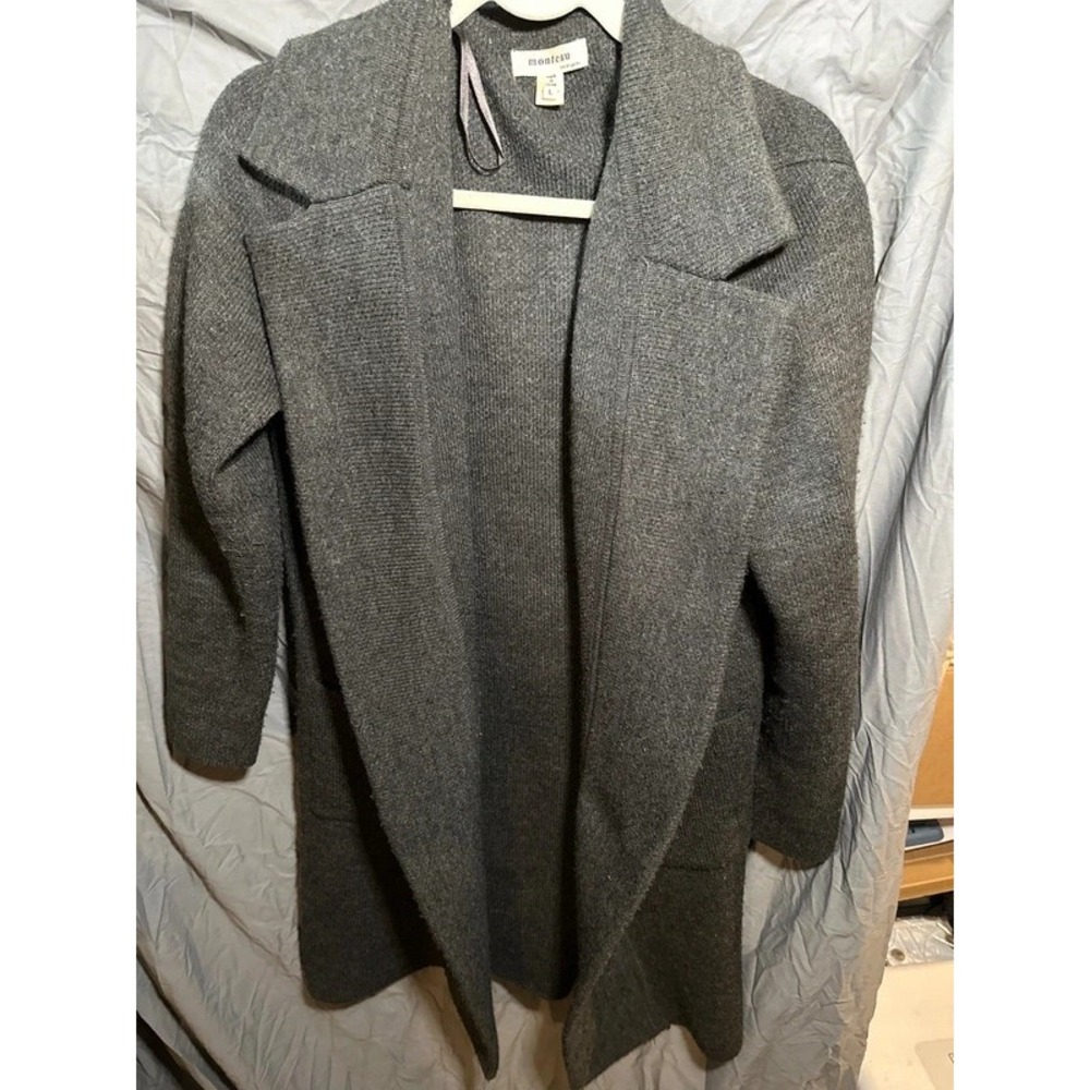 Monteau Los Angeles Womens Gray Knit Longline Open Front Cardigan L Old Money